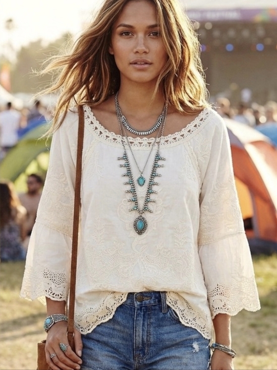 Democracy Tops - Democracy Boho White Embroidered Lace Bell Sleeve Top